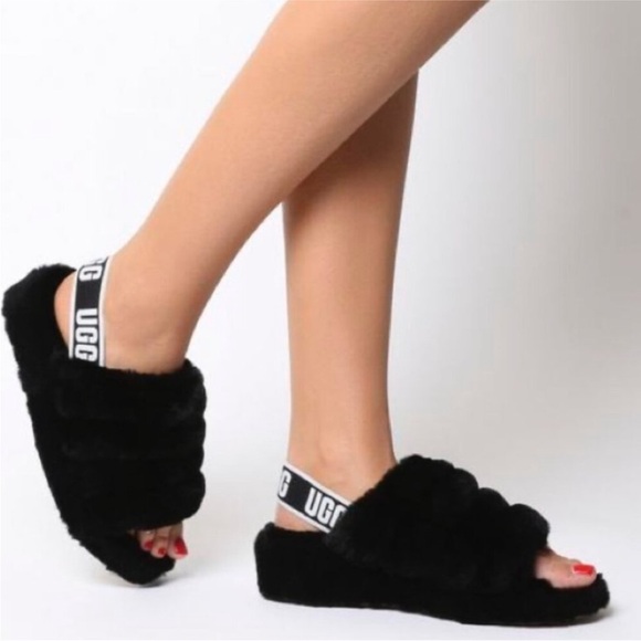UGG Fluff Yeah Black Slipper Slide Sz 8 - Picture 1 of 8